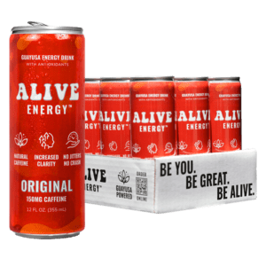 Red Alive Energy can next to a 12 pack of the drink