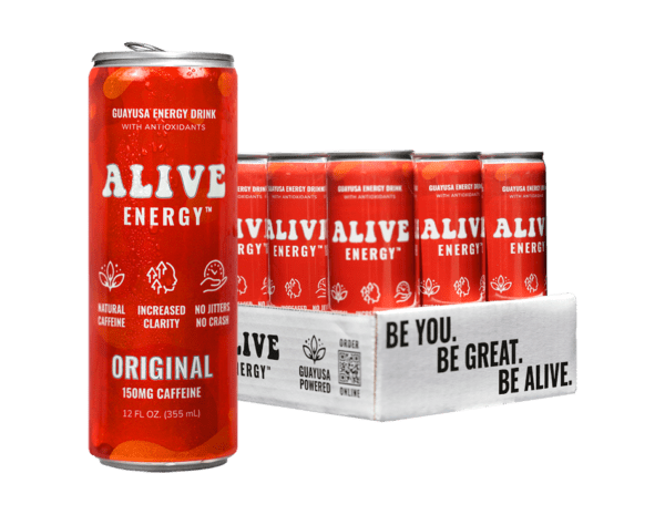 Red Alive Energy can next to a 12 pack of the drink