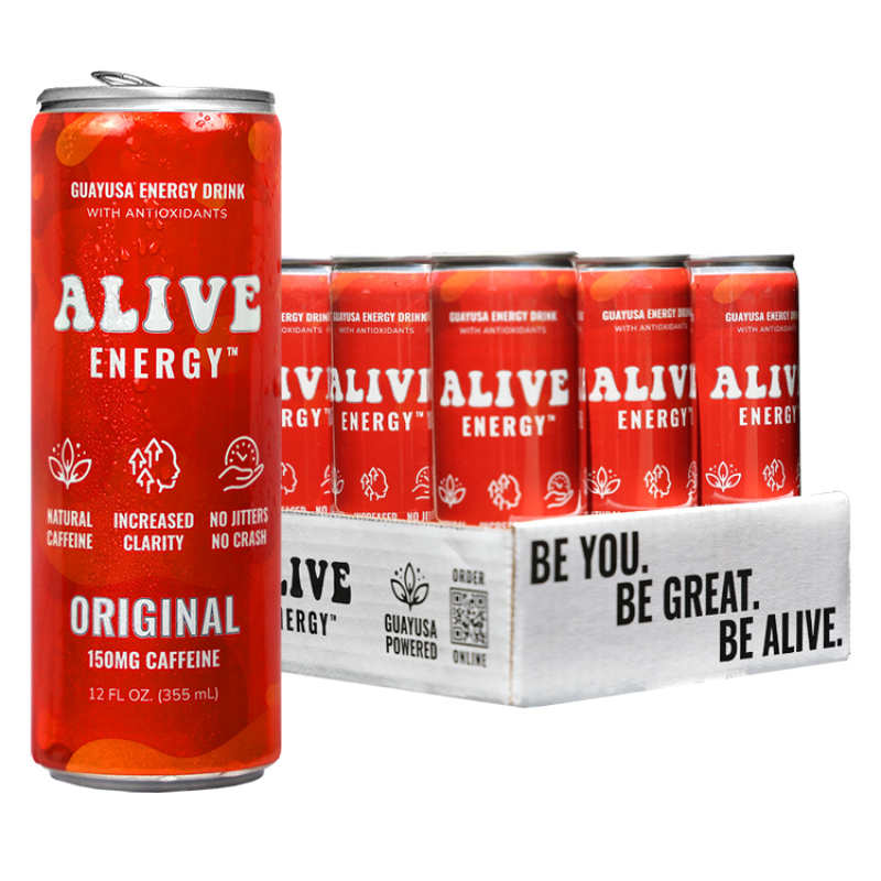 Red Alive Energy can next to a 12 pack of the drink